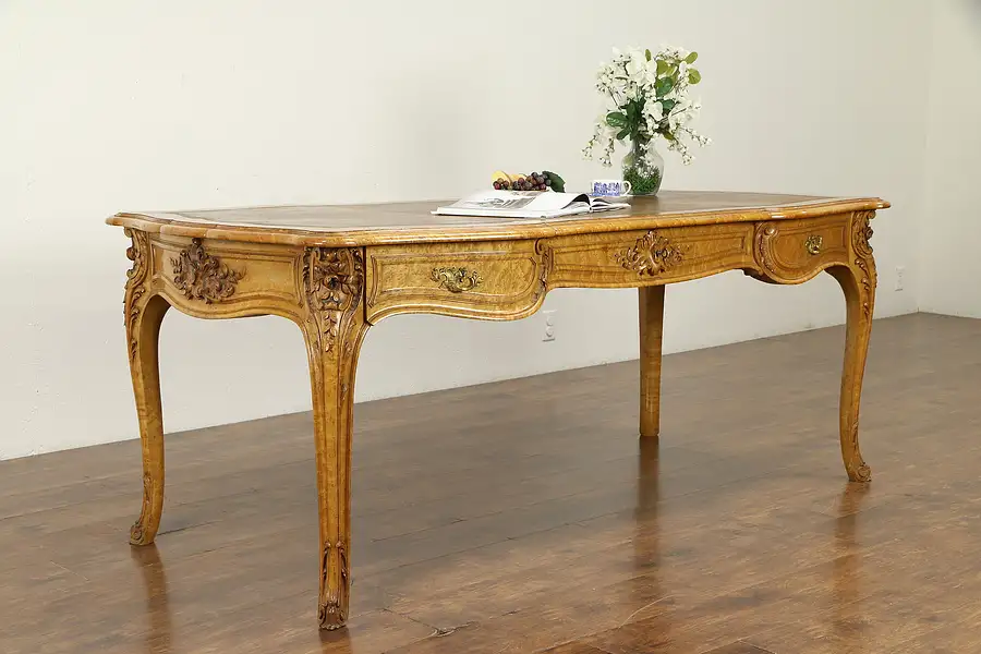 Main image of French Louis XIV Hand Carved Curly Birdseye Maple Antique Desk