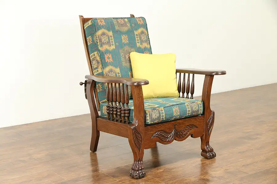 Main image of Oak Antique 1900 Morris Recliner Chair, Lion Paws, New Upholstery