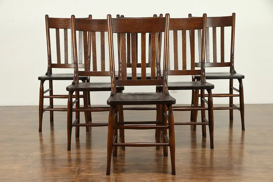 Main image of Set of 6 Antique 1900 Solid Oak Dining Chairs