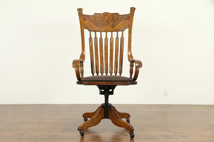 Main image of Victorian Antique Carved Oak Swivel Adjustable Desk Chair, Leather