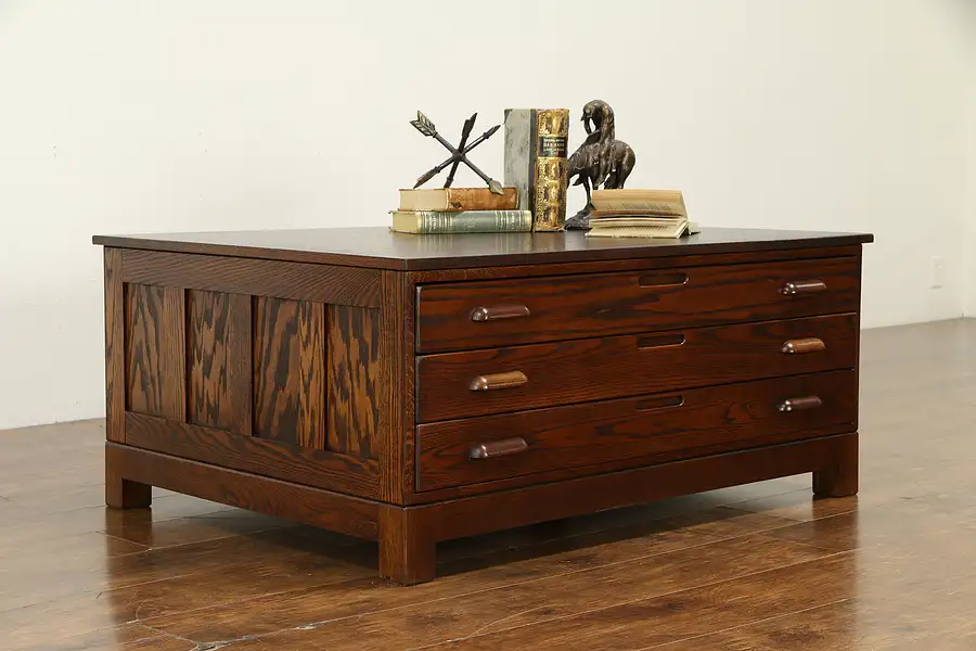 Main image of Oak Vintage Map Chest, Collector or Document File Coffee Table