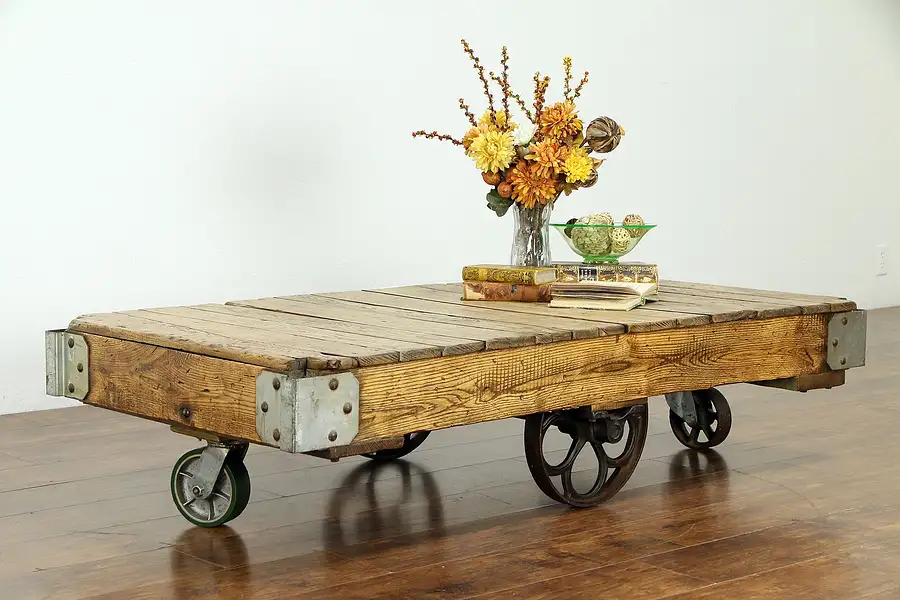 Main image of Industrial Salvage 1900 Antique Railroad Ash & Iron Cart, Coffee Table