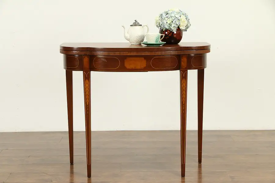 Main image of Hepplewhite Vintage Mahogany Marquetry Hall Console opens to Game Table 32156