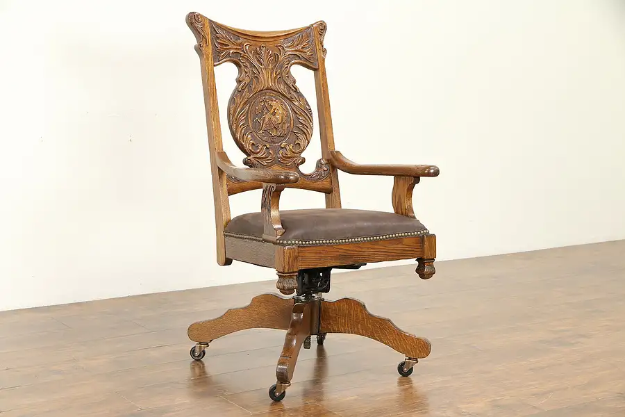 Main image of Man & His Dog Carved Antique Oak Swivel Adjustable Desk Chair, Leather