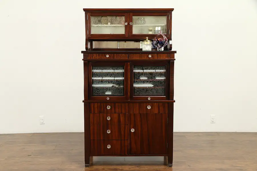 Main image of Dentist, Collector, Jewelry or Dental Antique Mahogany Cabinet, Ice Glass