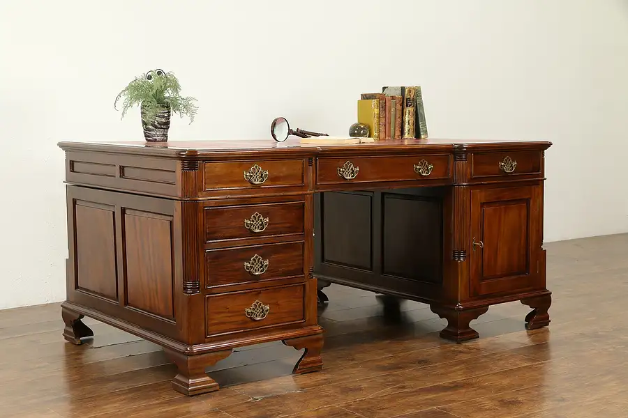 Main image of Traditional Mahogany Vintage Executive or Library Desk, Tooled Leather