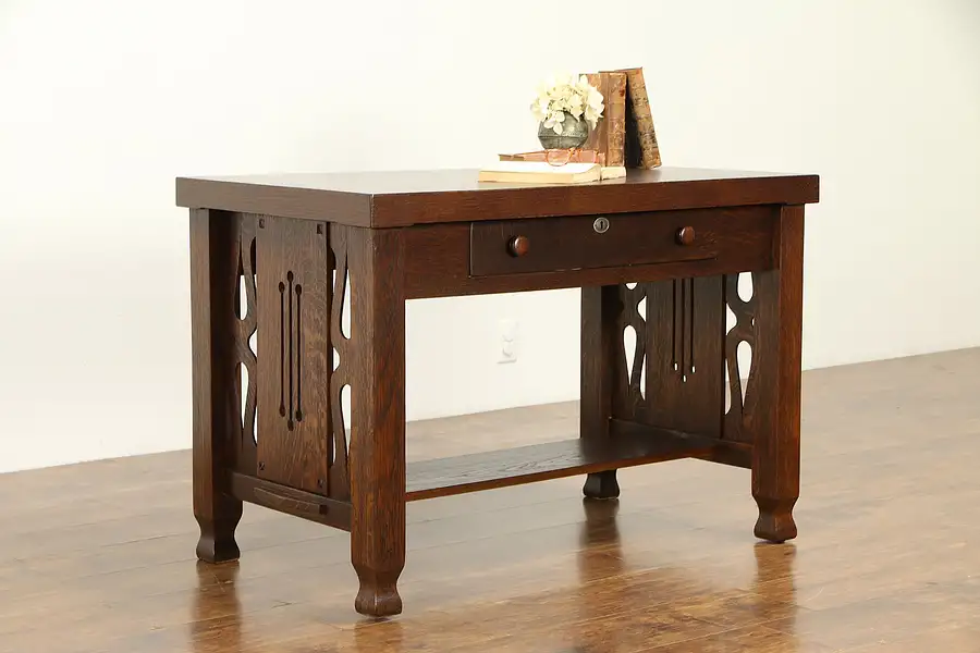 Main image of Arts & Crafts Mission Oak Antique Craftsman Library Table, Writing Desk