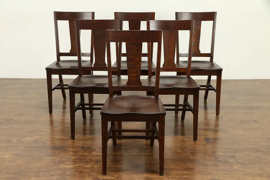 Main image of Set of 6 Arts & Crafts Mission Oak Antique Craftsman Dining Chairs