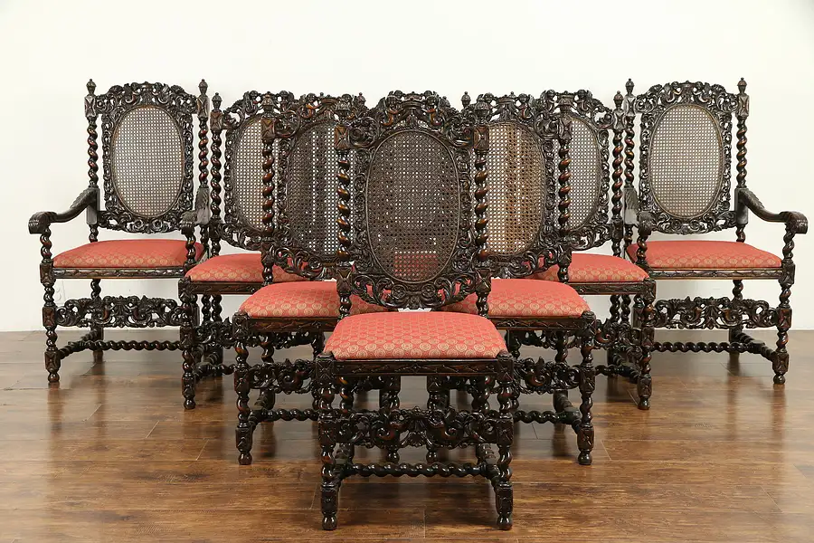 Main image of Set of 8 Antique Black Forest Dining Chairs, Carved Cupids or Angels