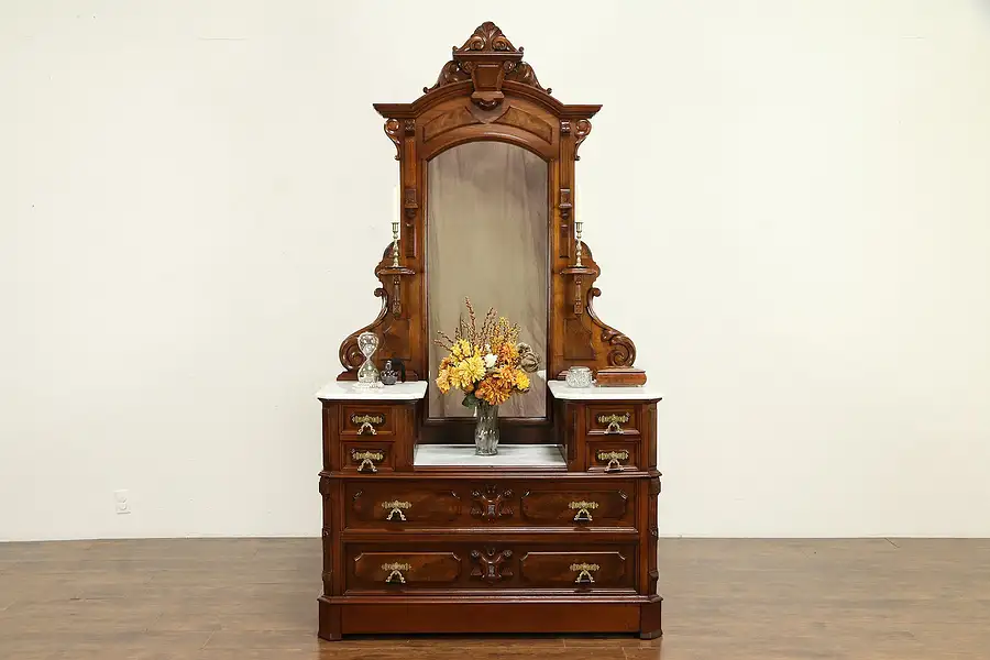 Main image of Victorian Antique Walnut Chest or Dresser, Marble & Mirror, Secret Drawer