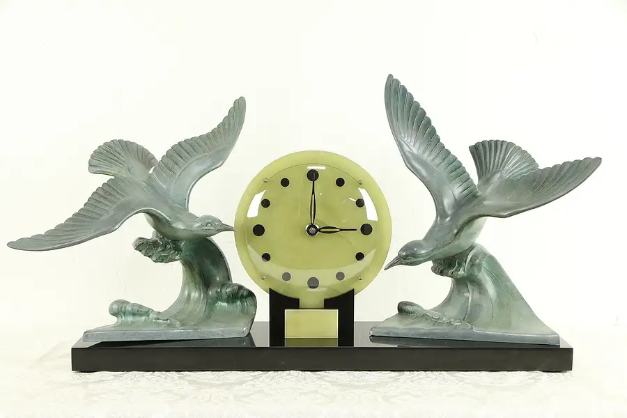 Main image of French Art Deco 1930 Vintage Onyx & Marble Clock with Bird Sculptures