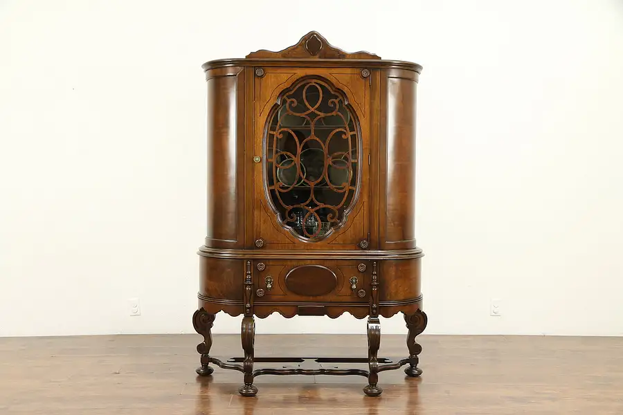 Main image of English Tudor Antique Walnut China Display or Bar Liquor Cabinet