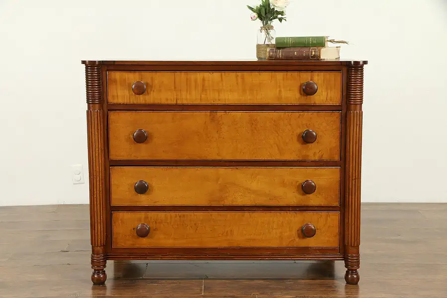 Main image of Sheraton Antique 1825 Cherry Tiger Curly Birdseye Maple Chest or Dresser