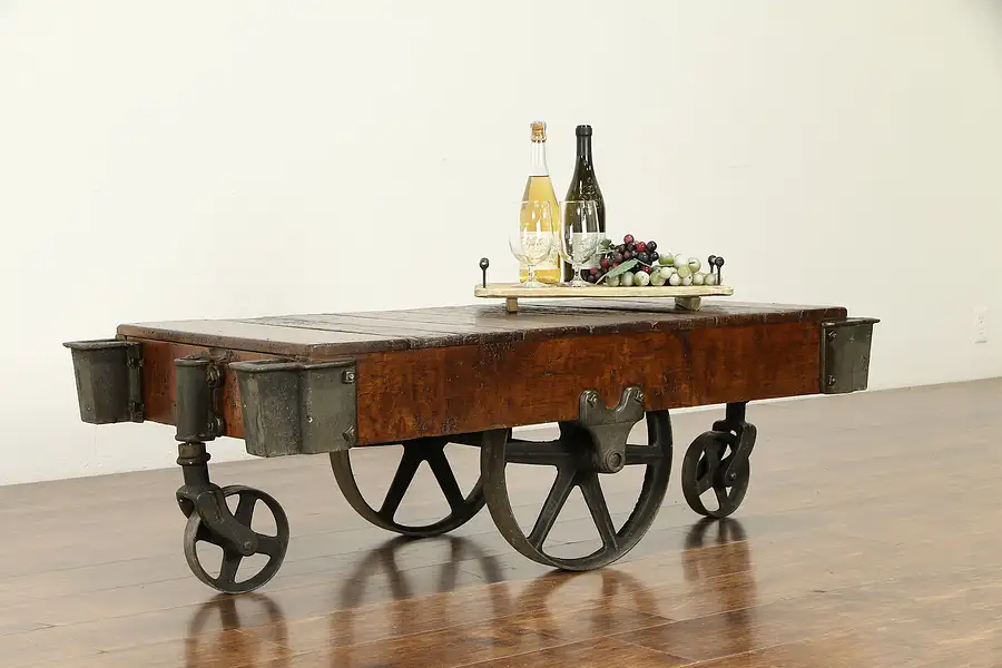 Main image of Industrial 1900's Antique Railroad Salvage Oak & Iron Cart, Coffee Table