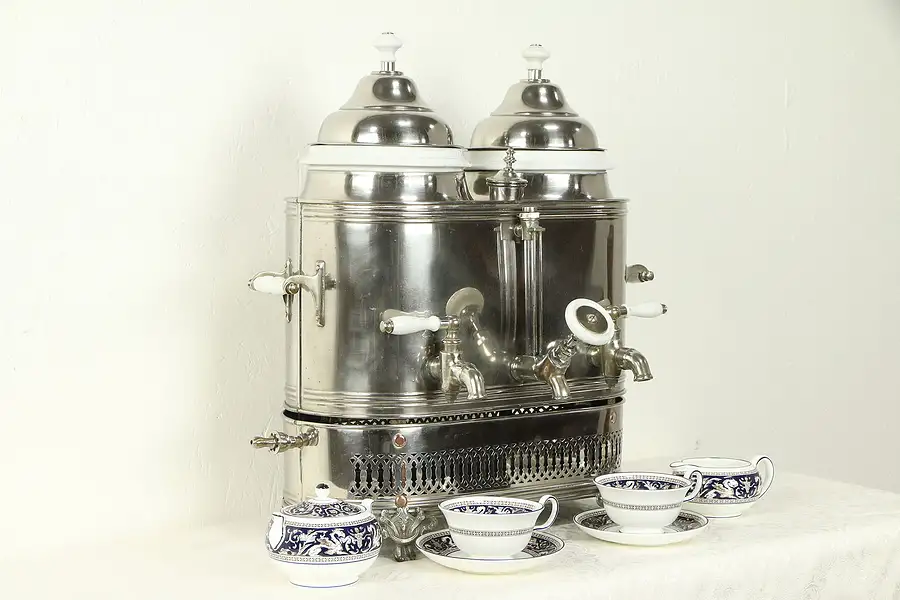 Main image of Nickel & Porcelain Antique Cafe Coffee & Hot Water Urn or Double Pot