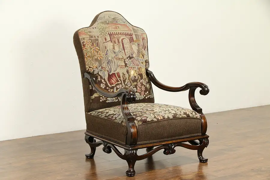 Main image of Mahogany Carved Antique Chair, Worn Needlepoint & Petit Point Upholstery