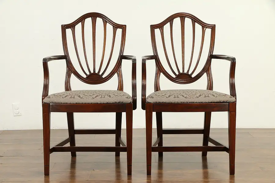 Main image of Pair of Shield Back Mahogany Vintage Dining Arm Chairs, New Upholstery