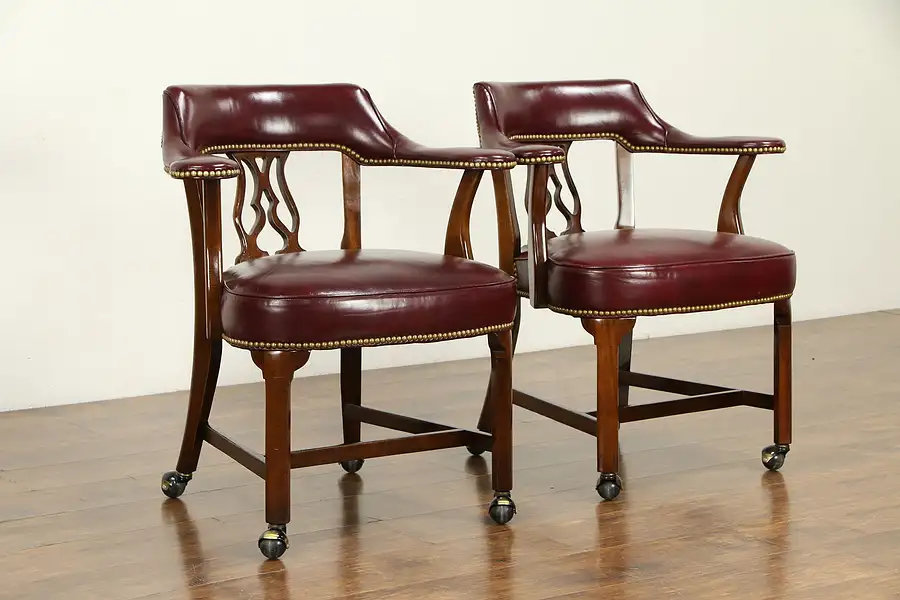 Main image of Pair Leather Vintage Rolling Game Table, Library, Office Chairs, Hickory