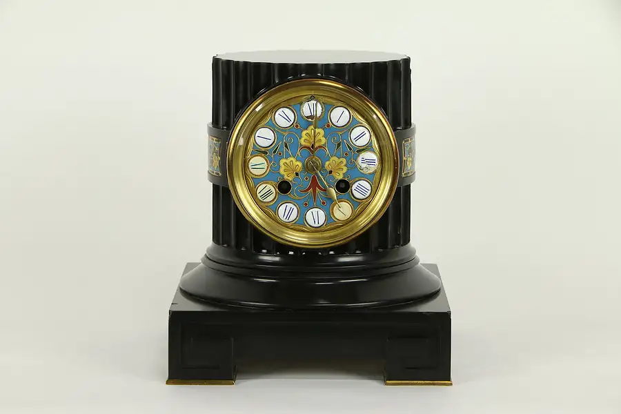 Main image of French Antique Pillar Mantel Clock, Black Marble, Cloisonne, Boye