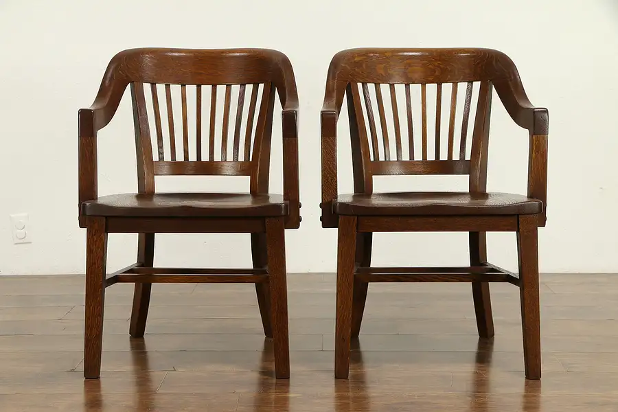 Main image of Pair of Oak Antique Banker, Library or Office Chairs, Gunlocke NY