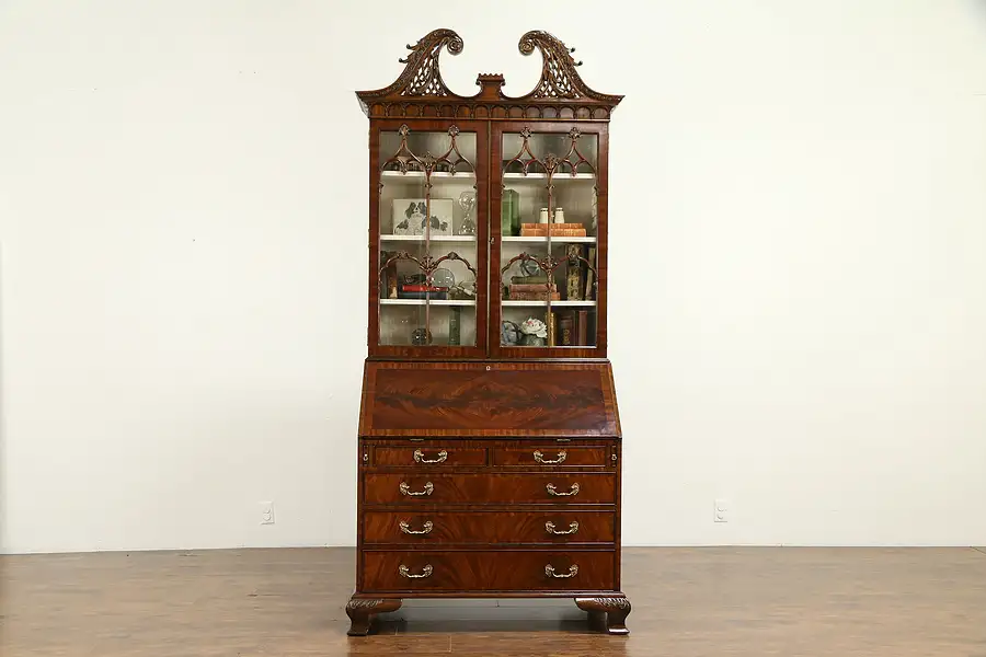 Main image of Georgian Carved Mahogany Vintage Secretary Desk, Bookcase, Maitland Smith