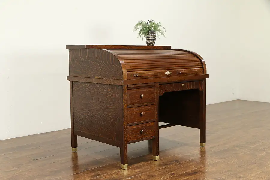 Main image of Oak Quarter Sawn Antique 1910 "C" Roll Top Desk, Brass Feet