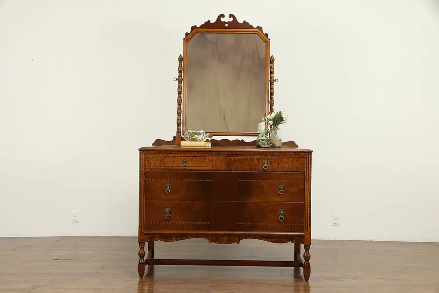 Main image of English Tudor Walnut & Curly Maple Antique Chest or Dresser & Mirror