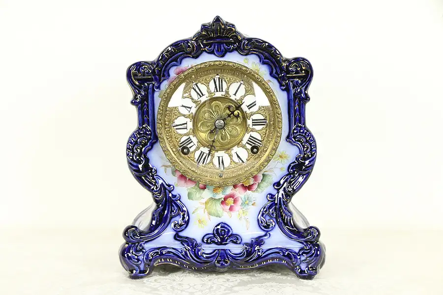 Main image of Victorian Cobalt Blue Porcelain Antique 1895 Hand Painted China Clock