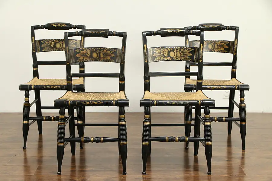 Main image of Set of 4 Hitchcock Antique Dining Chairs, Original Painting, Rush Seats