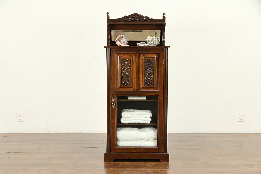 Main image of Victorian Antique English Carved Walnut Music or Bath Cabinet, Mirror