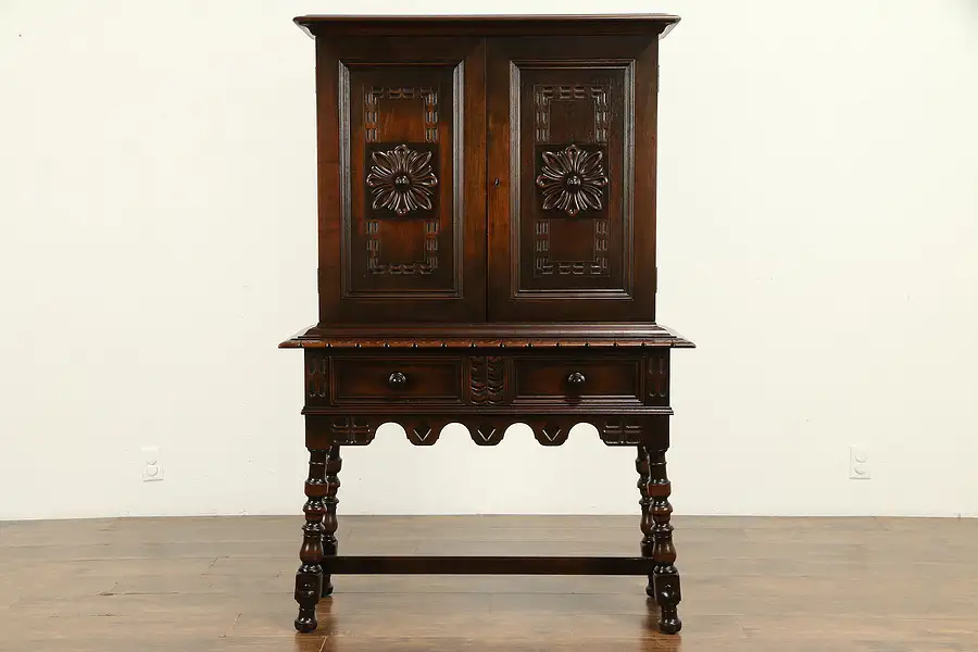 Main image of Spanish Colonial Antique Carved Walnut Liquor Bar or China Cabinet