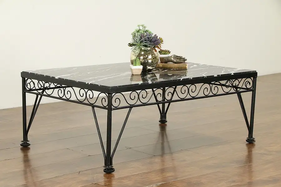 Main image of Wrought Iron Vintage Coffee Table, Black Marble with Fossils