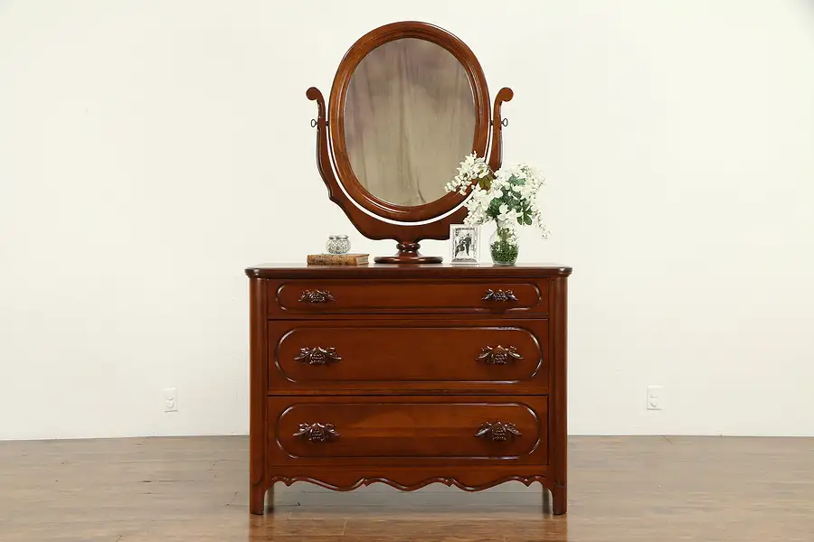 Main image of Cherry Vintage Chest or Dresser, Carved Pulls, Swivel Mirror, Davis