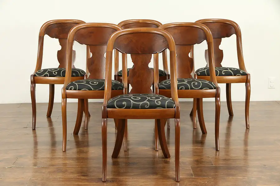 Main image of Set of 6 Antique 1915 Empire Mahogany Dining Chairs, New Upholstery