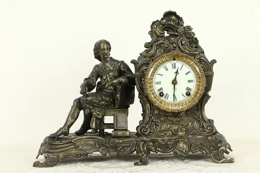 Main image of Ansonia NY Antique Shakespeare Figural Clock, Porcelain Dial