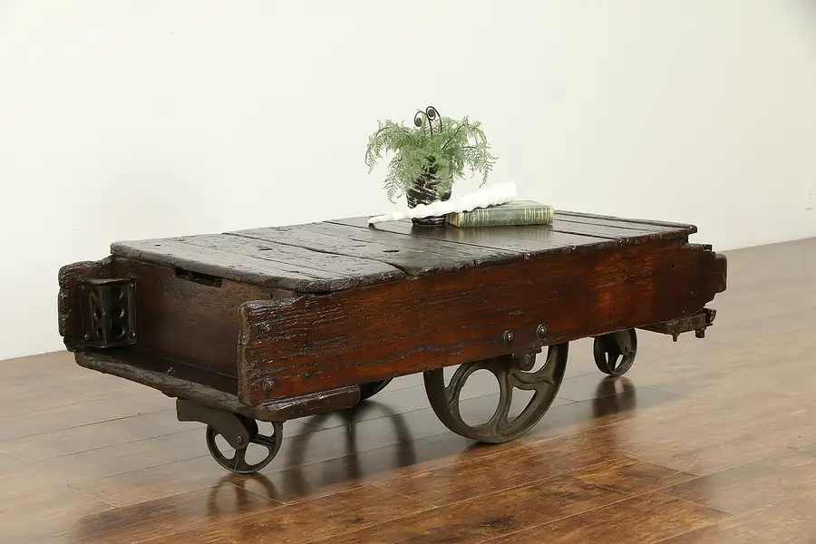 Main image of Industrial Salvage 1900 Antique Railroad Pine & Iron Cart, Coffee Table