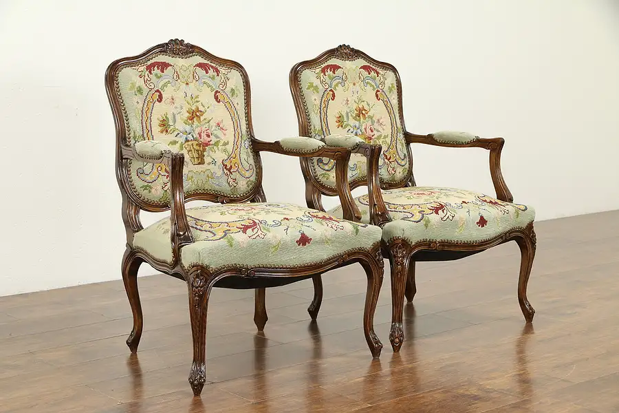 Main image of Pair of French Carved 1930's Vintage Chairs, Needlepoint Upholstery