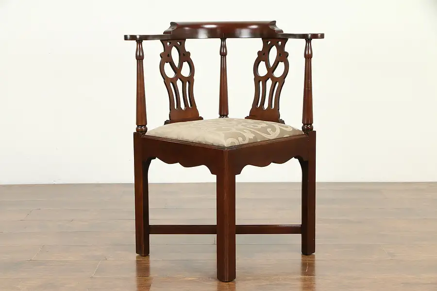 Main image of Georgian Style Vintage Mahogany Corner Chair, New Upholstery, Hickory