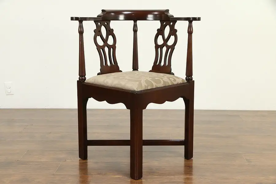 Main image of Georgian Style Vintage Mahogany Corner Chair, New Upholstery, Hickory