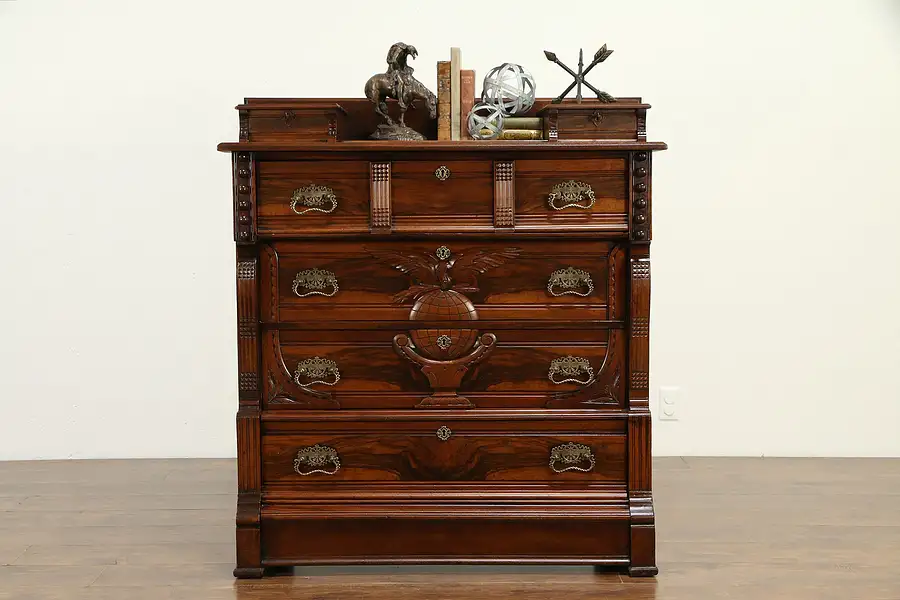 Main image of Victorian Antique Walnut & Burl Chest or Dresser, Carved Eagle & Globe