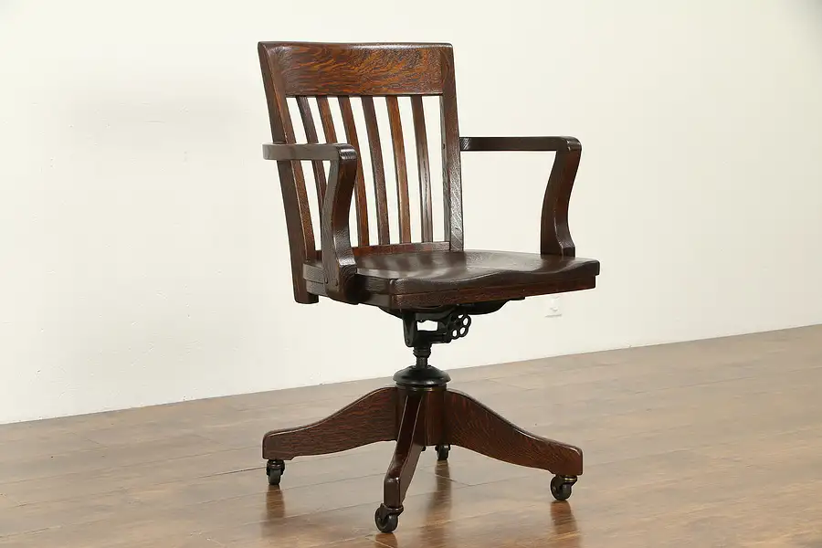 Main image of Oak Swivel Antique Library or Office Desk Chair Adjustable Height & Tilt