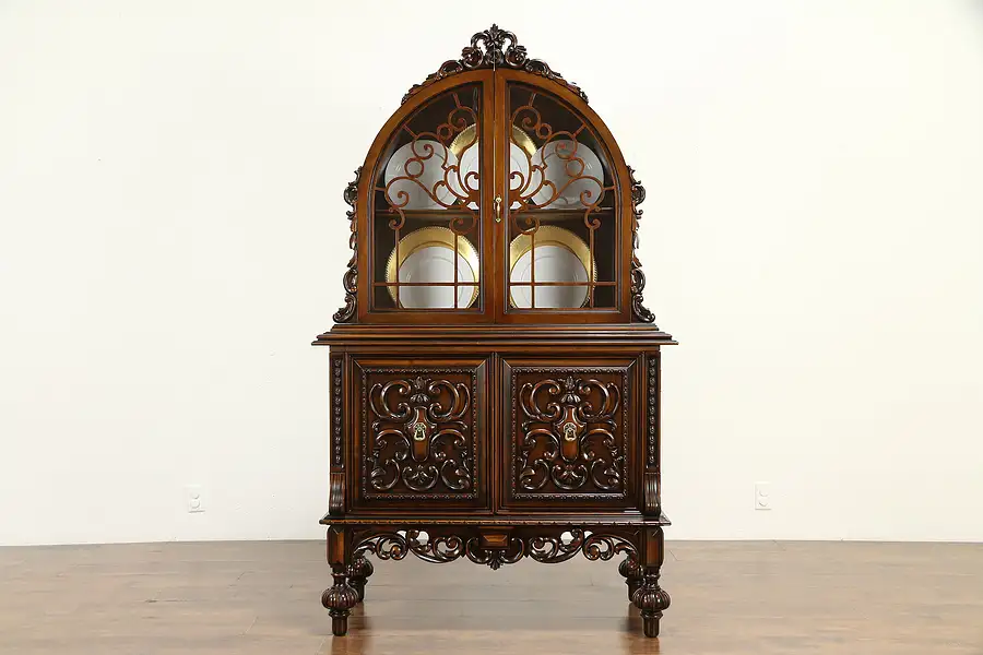 Main image of English Tudor Antique 1925 Carved Walnut China or Bar Cabinet, Ottawa