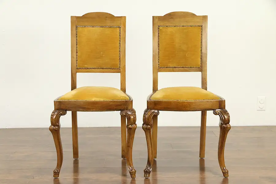 Main image of Pair of Italian Antique Carved Fruitwood Chairs, Old Velvet Upholstery