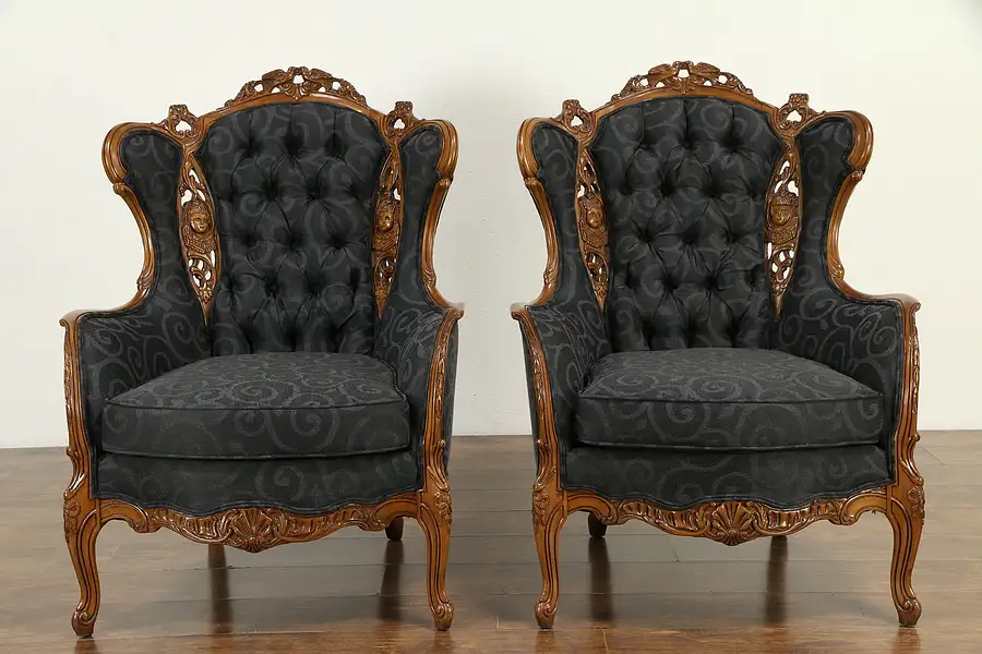 Main image of Pair of Vintage Wing Chairs, Carved Lovebirds & Angels, New Upholstery