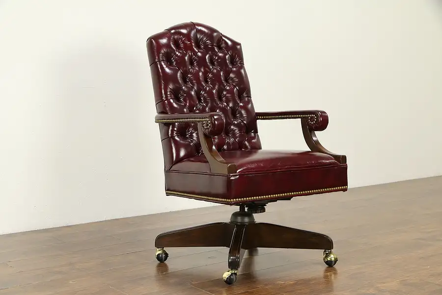 Main image of Tufted Leather Swivel Adjustable Desk Chair, Signed Harden 1986