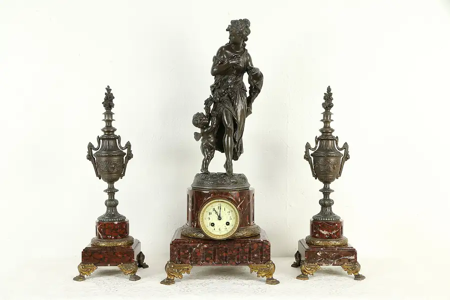 Main image of French Antique Marble 3 Pc Sculpture Mantel Clock Set, Dumoulinneu Paris