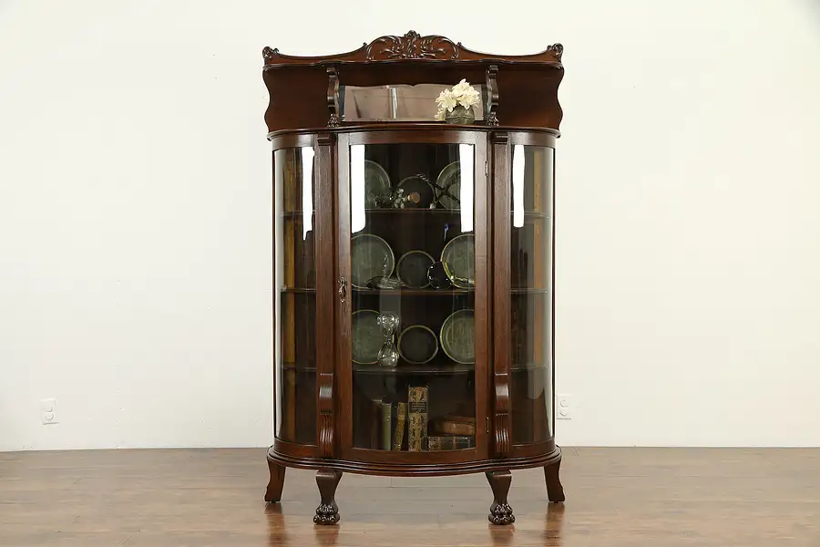 Main image of Oak Antique Curved Glass Curio or China Display Cabinet Carved Paw Feet