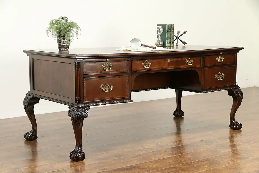 Main image of Traditional Georgian Design Carved Mahogany Vintage Library Desk Councill