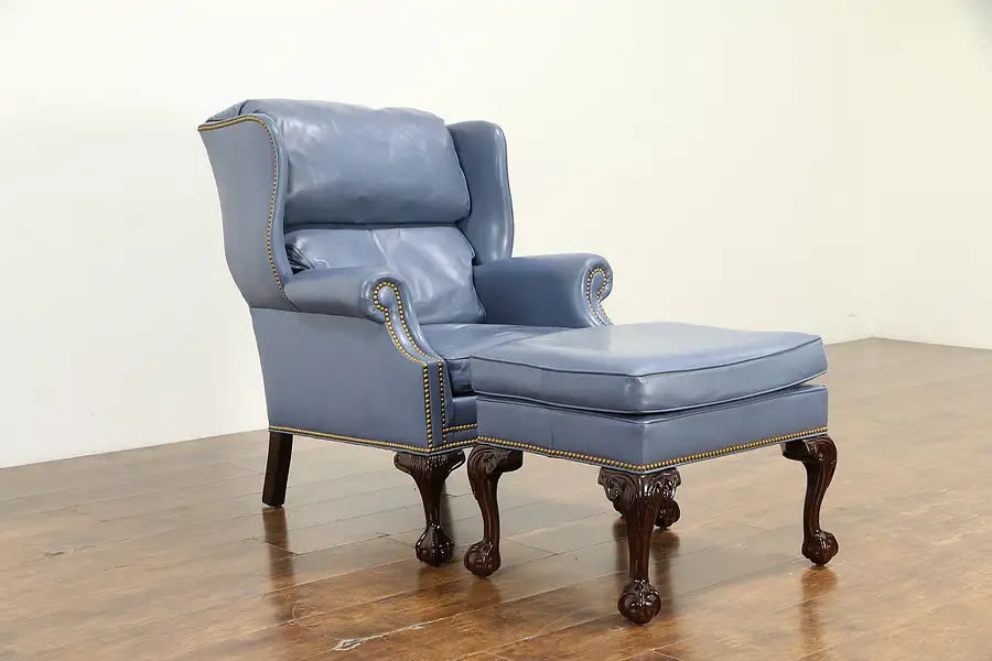 Main image of Leather Vintage Carved Claw & Ball Wing Chair & Ottoman, Hancock & Moore