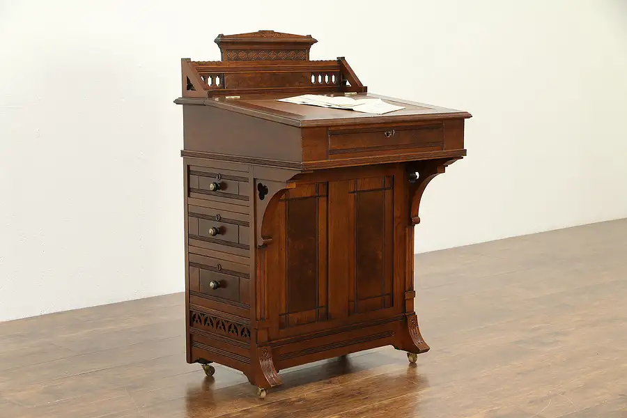 Main image of Victorian Antique Walnut Ship Captain Davenport Secretary Desk, Leather